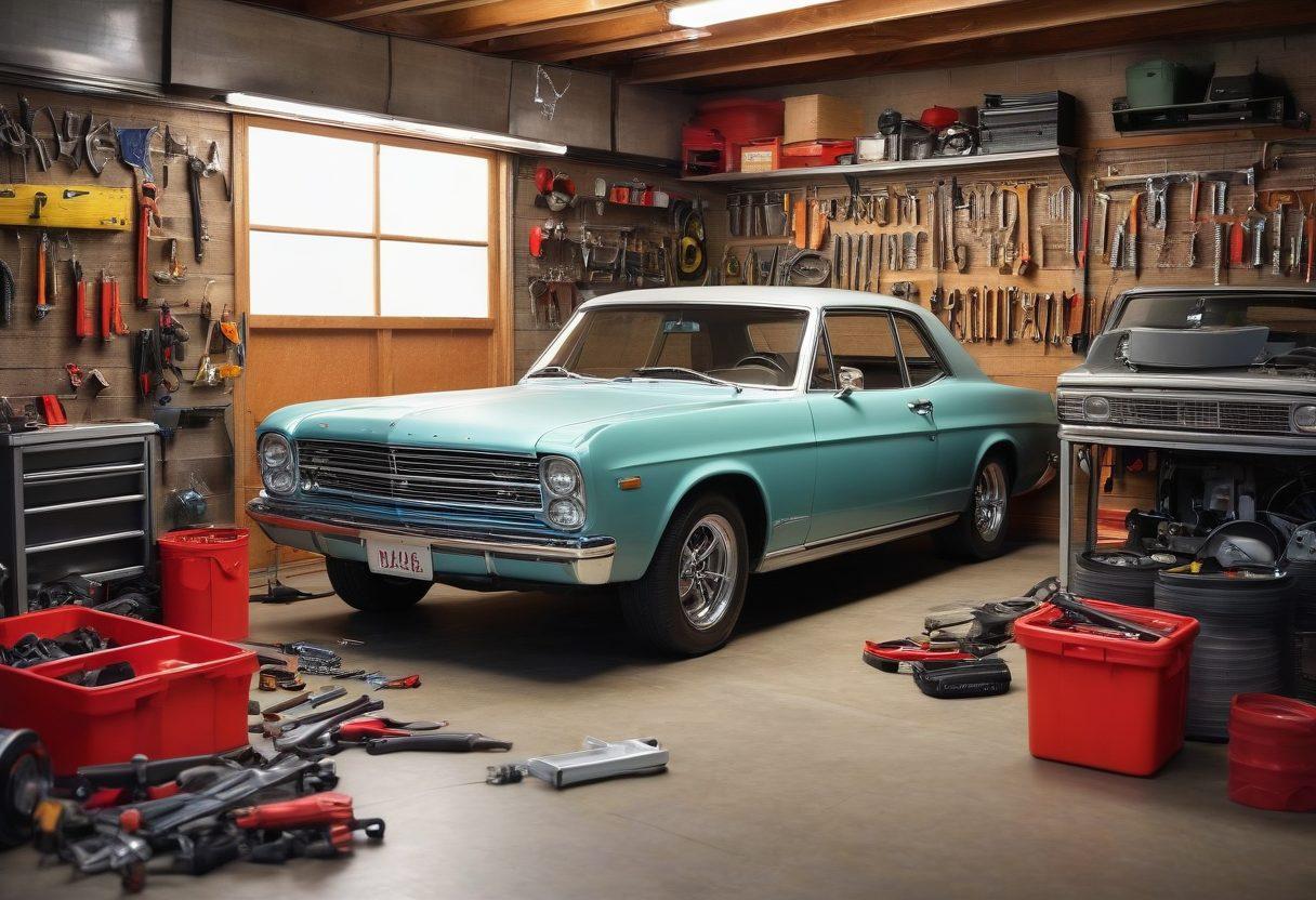 A well-organized garage featuring a mechanic working on a car, surrounded by various auto parts and tools. Include a detailed toolbox, a car lift, and instructional guides hanging on the walls. The scene should depict a vibrant and inviting atmosphere, showcasing the essential tips for DIY repairs. super-realistic. vibrant colors. warm lighting.
