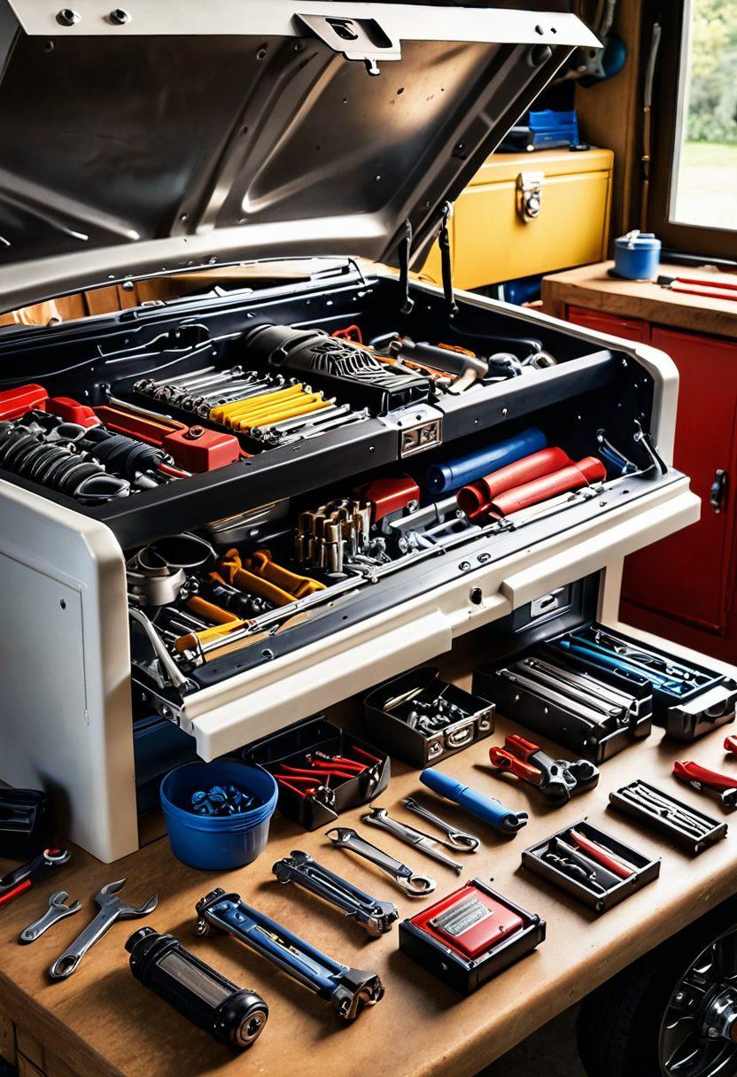 An open car hood reveals a well-organized toolbox filled with shiny auto parts and tools, alongside a detailed manual with labeled diagrams. Sunlight filters through a garage window, highlighting a vintage car partially restored, and a digital tablet displaying maintenance tips. The scene conveys a sense of expertise and hands-on work. super-realistic. vibrant colors. 3D.