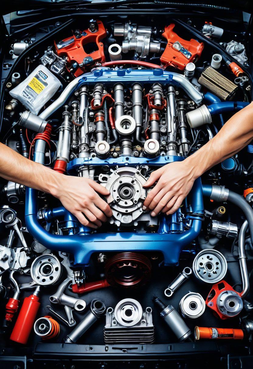 A detailed collage featuring various automobile spare parts like spark plugs, oil filters, and wrenches, arranged artistically around a car engine. In the center, a mechanic's hands are skillfully working on the engine, surrounded by tools and car manuals. The background reflects a workshop setting with vibrant colors that convey a sense of creativity and hands-on project. super-realistic. vibrant colors. workshop atmosphere.